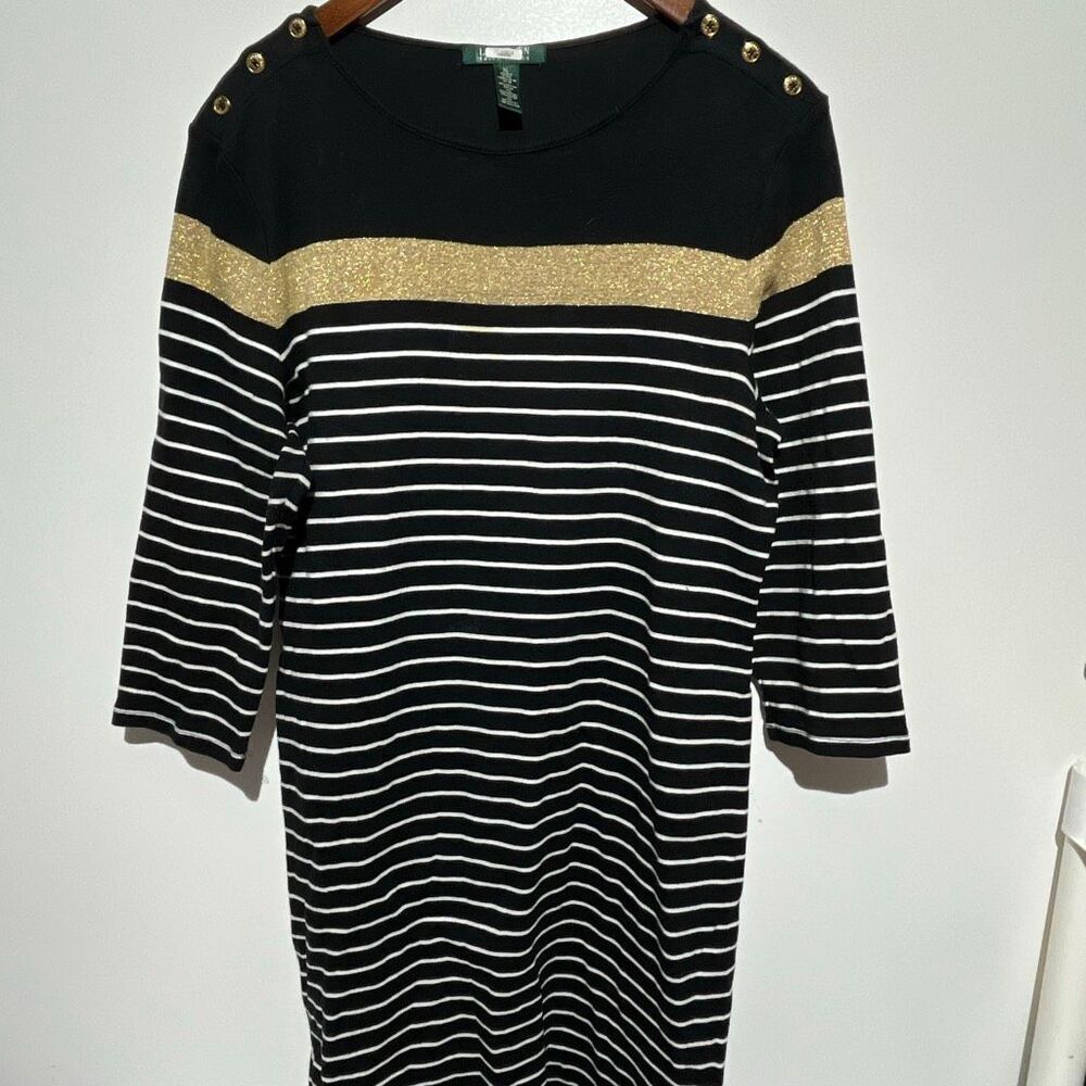 Lauren Ralph‎ Lauren Women's Multicolor Metallic Gold Stripe Sweater Dress XL